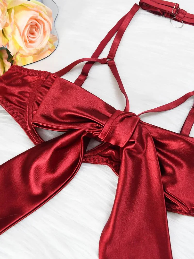 Women's 6pcs Sexy Silk Bow Front Push Up Bra Lingerie Set