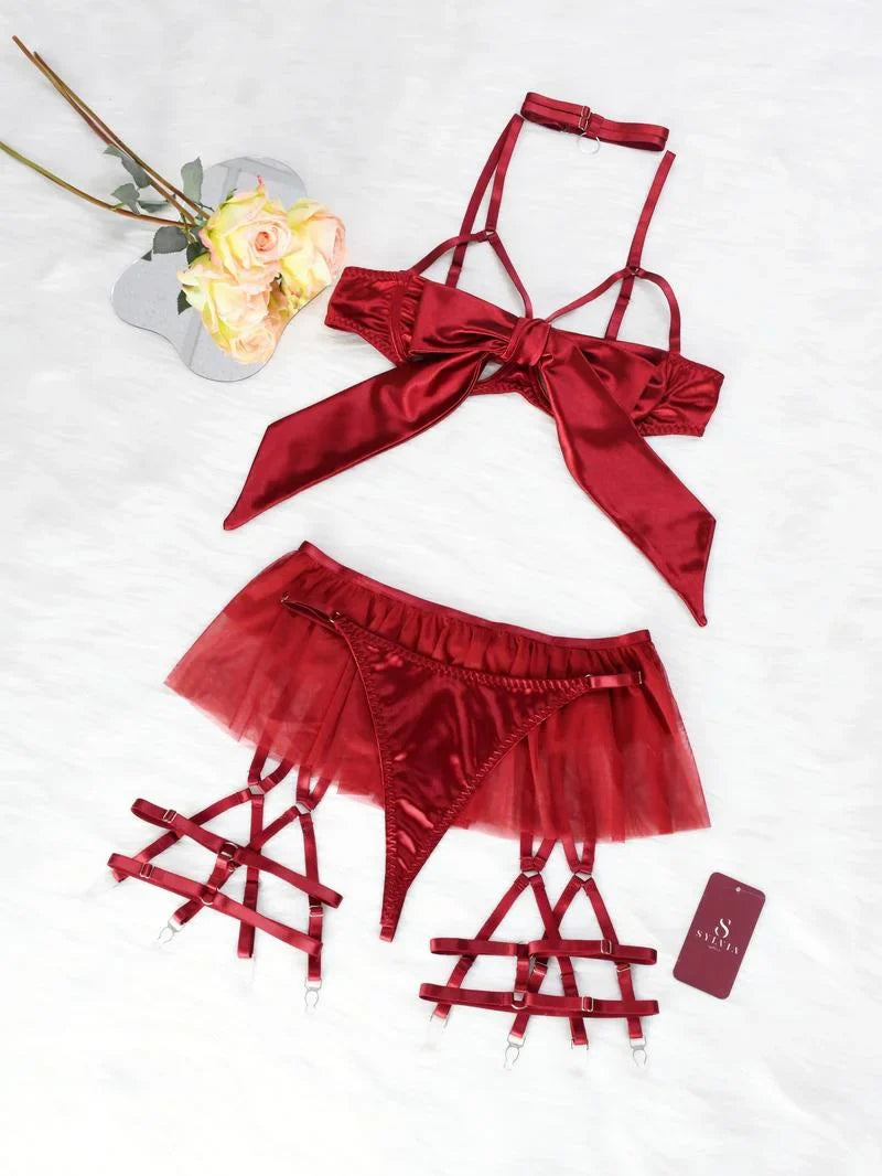 Women's 6pcs Sexy Silk Bow Front Push Up Bra Lingerie Set
