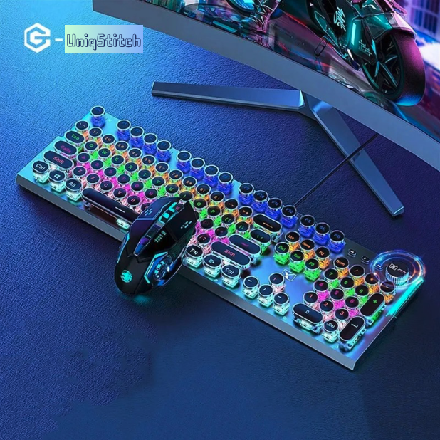 X70 Steam Transparent Punk Vintage Mechanical Keyboard and Mouse Set,Titanium Alloy Keyboard with Knob