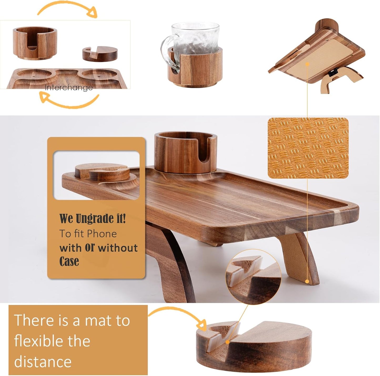 3 in 1 Sofa Armrest Tray with 360° Rotating Phone and Cup Holder