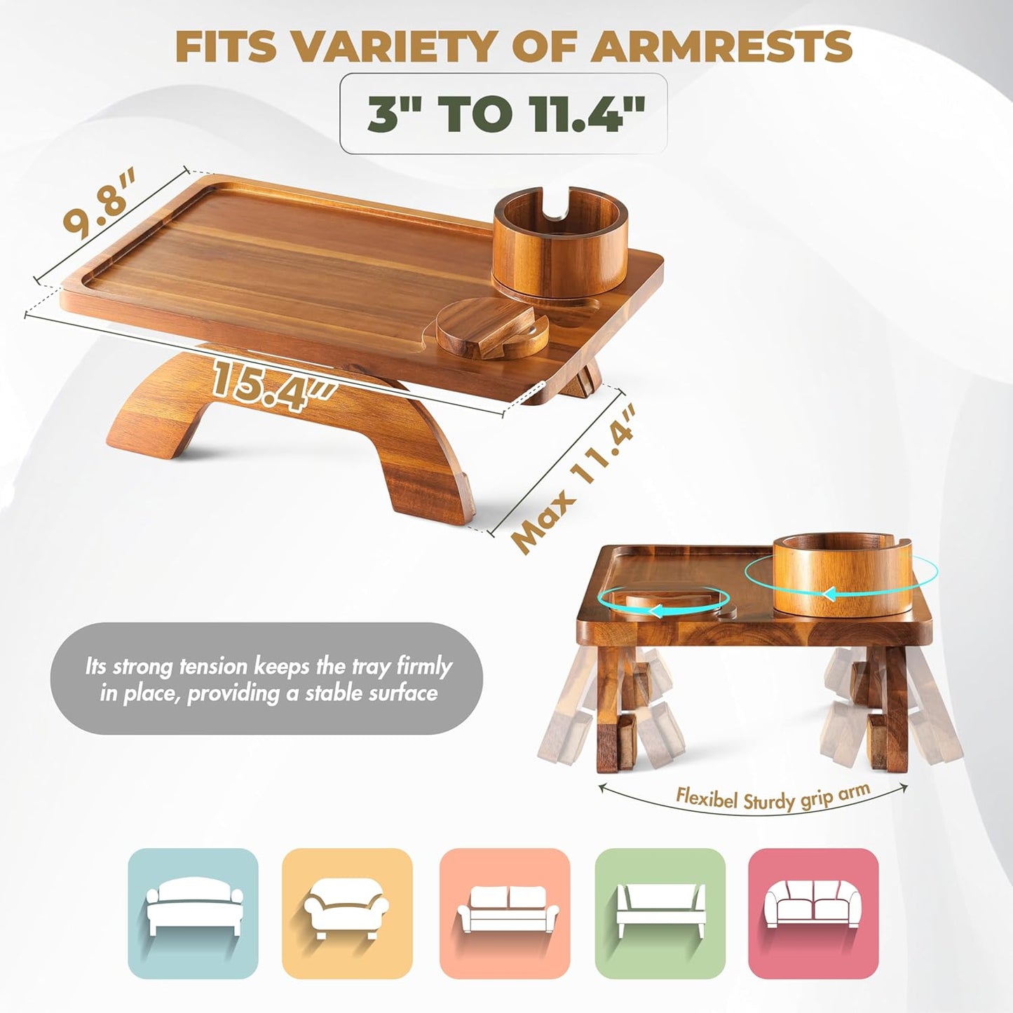 3 in 1 Sofa Armrest Tray with 360° Rotating Phone and Cup Holder