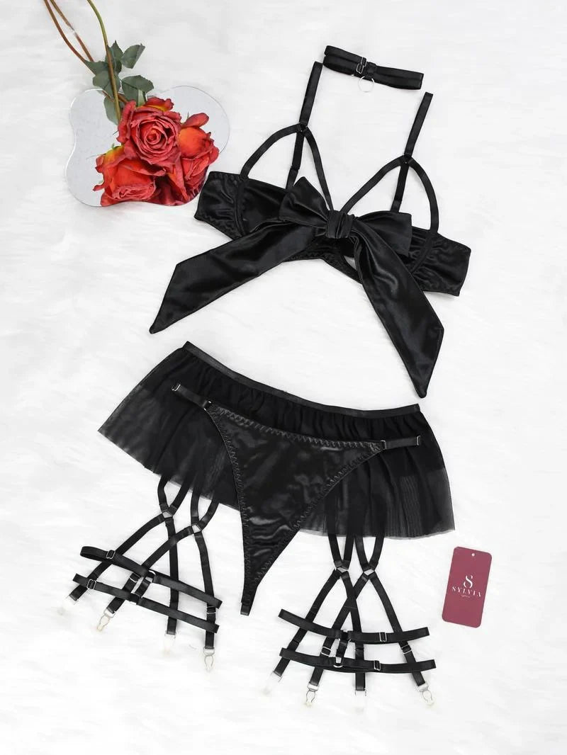 Women's 6pcs Sexy Silk Bow Front Push Up Bra Lingerie Set