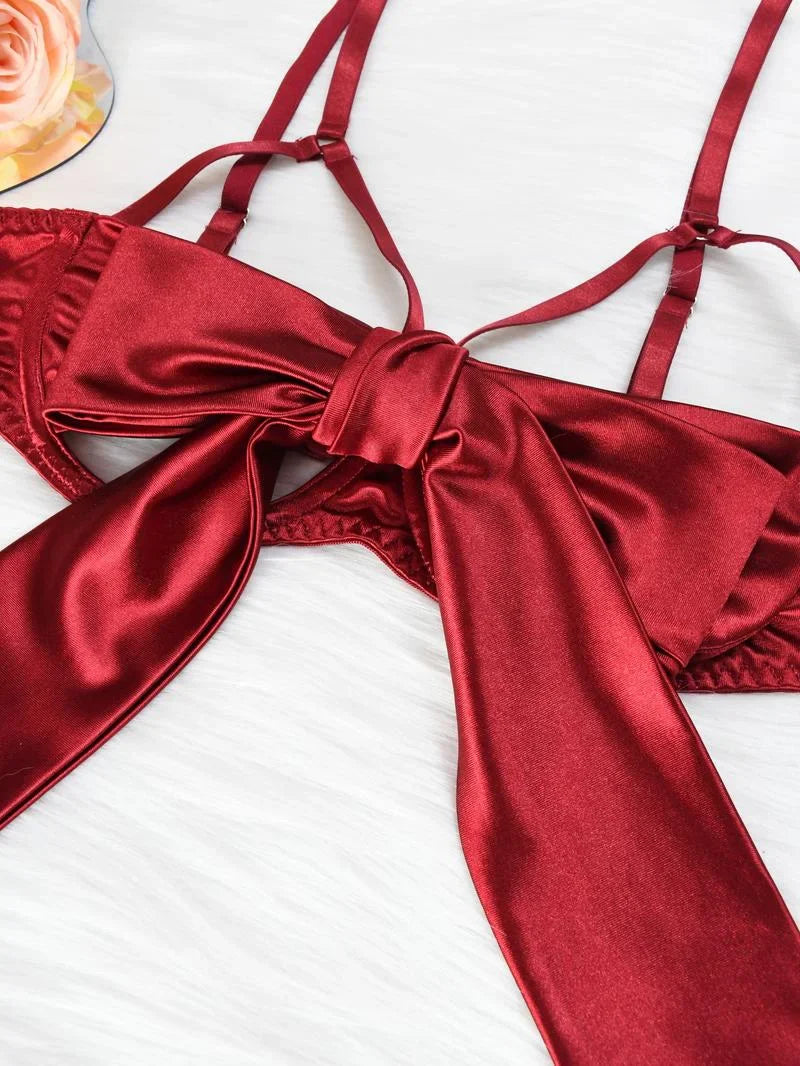 Women's 6pcs Sexy Silk Bow Front Push Up Bra Lingerie Set