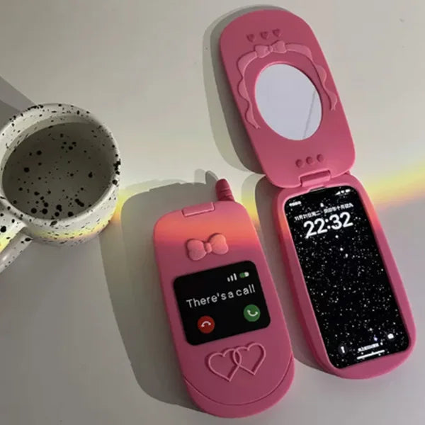 Suitable for iPhone 14/15/16 Pink Cute Phone Case, Cute 3D Cartoon Pink Retro Flip Phone Case